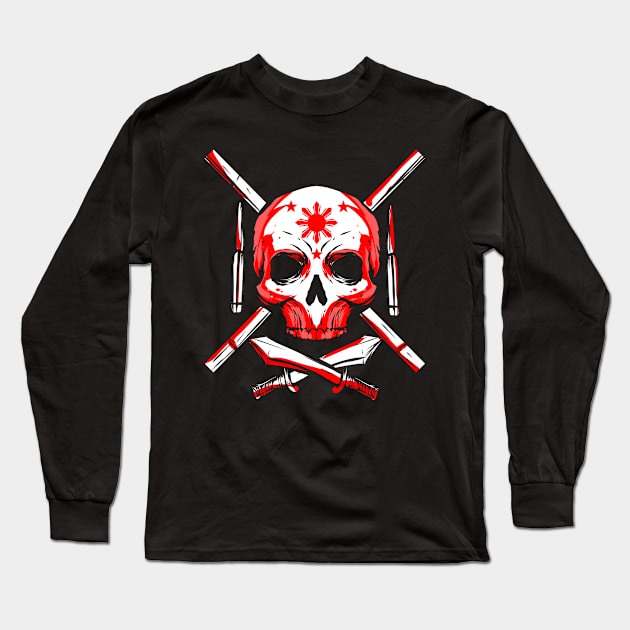 Filipino Martial Arts Skull Kali Arnis Eskrima Long Sleeve T-Shirt by ChrisselDesigns